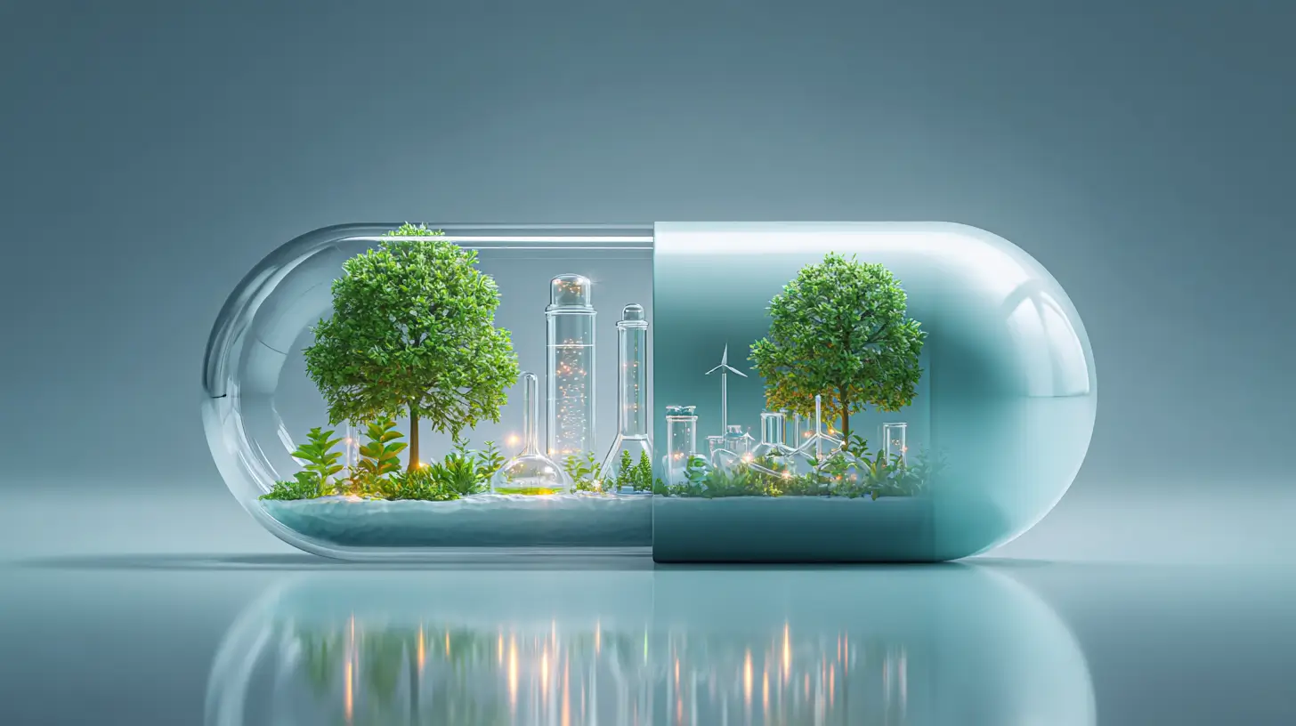 Sustainable pharmaceutical innovation represented by a green city inside a capsule