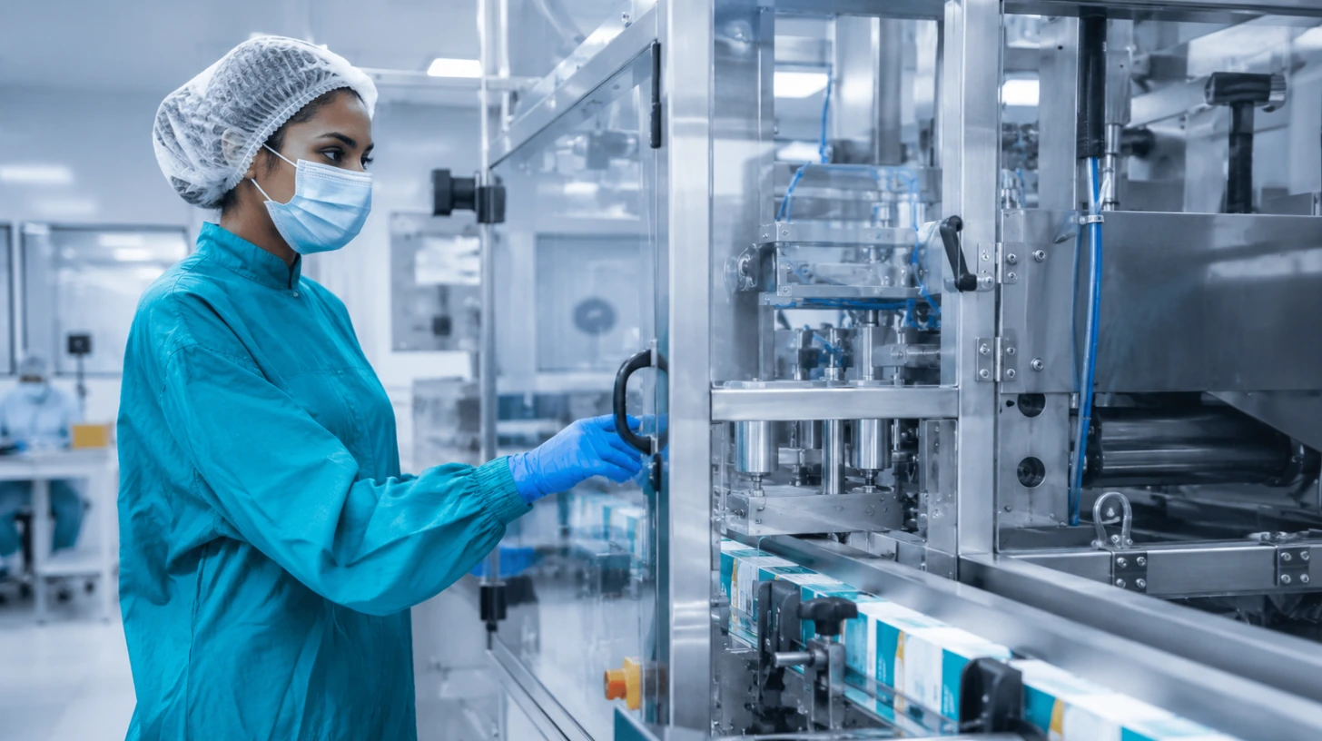 Pharmaceutical manufacturing engineer operating automated production equipment